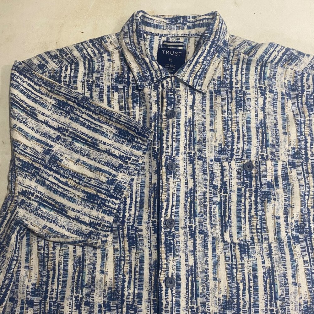 Trust Linen Blend Button-Up Shirt Mens XL‎ Blue Striped Short Sleeve Lightweight